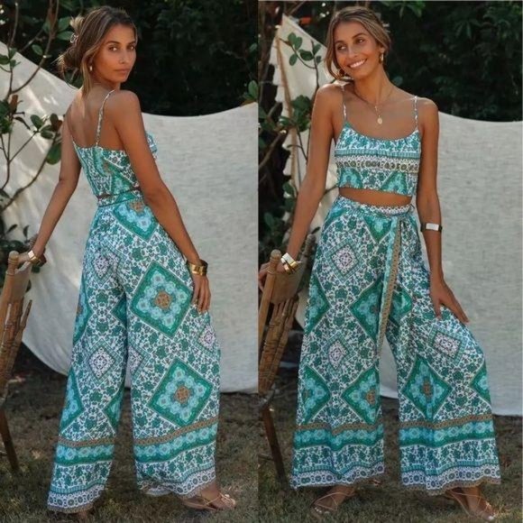 Tops - Bohemian Gypsy Print Crop Top Wide Leg Pants Set